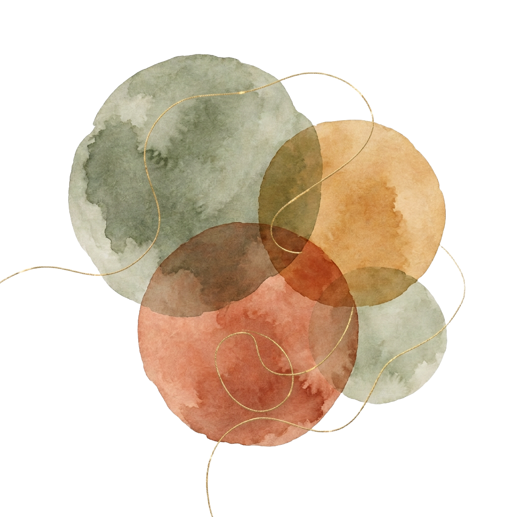 Soft watercolor washes in sage, ochre and terracotta with a fine gold thread